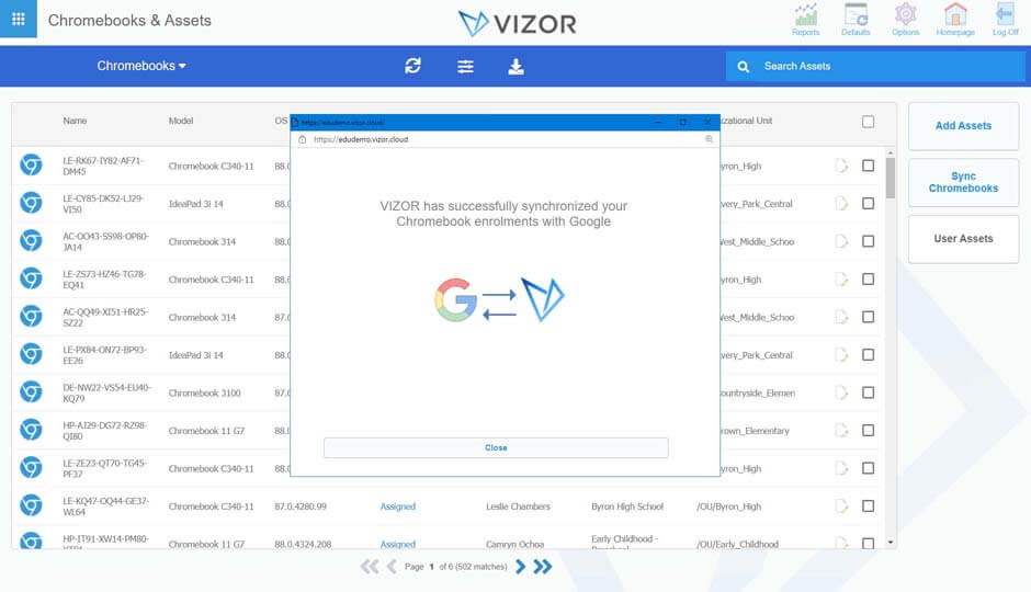 Screenshot of Google Admin console Sync, highlighting the interface used for managing and syncing digital devices in educational settings.