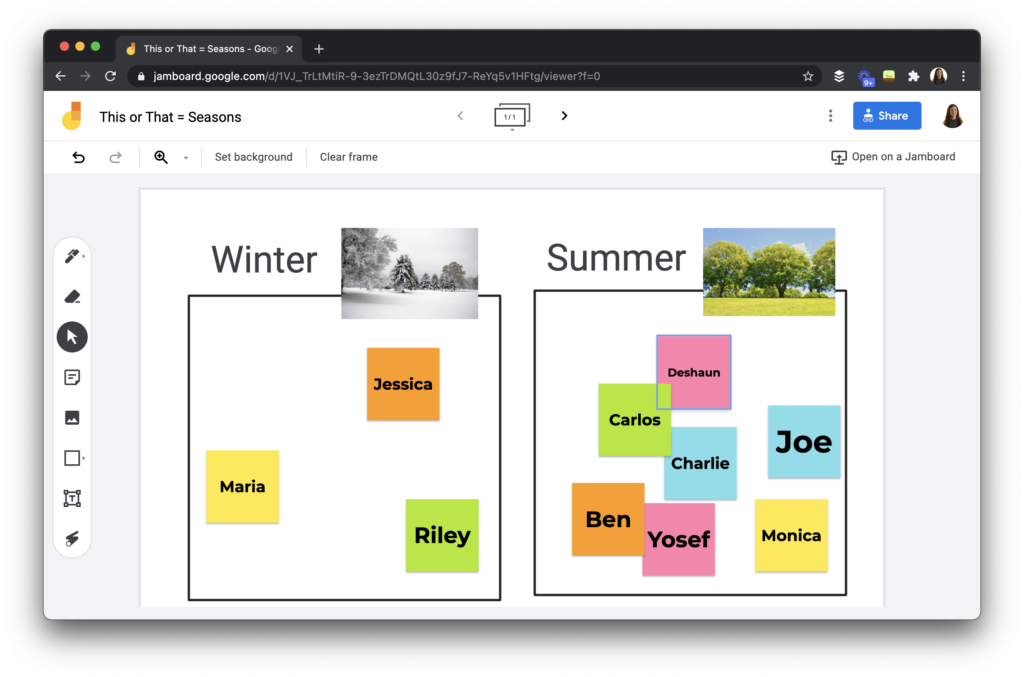 A this or that, would you rather activity using Jamboard.