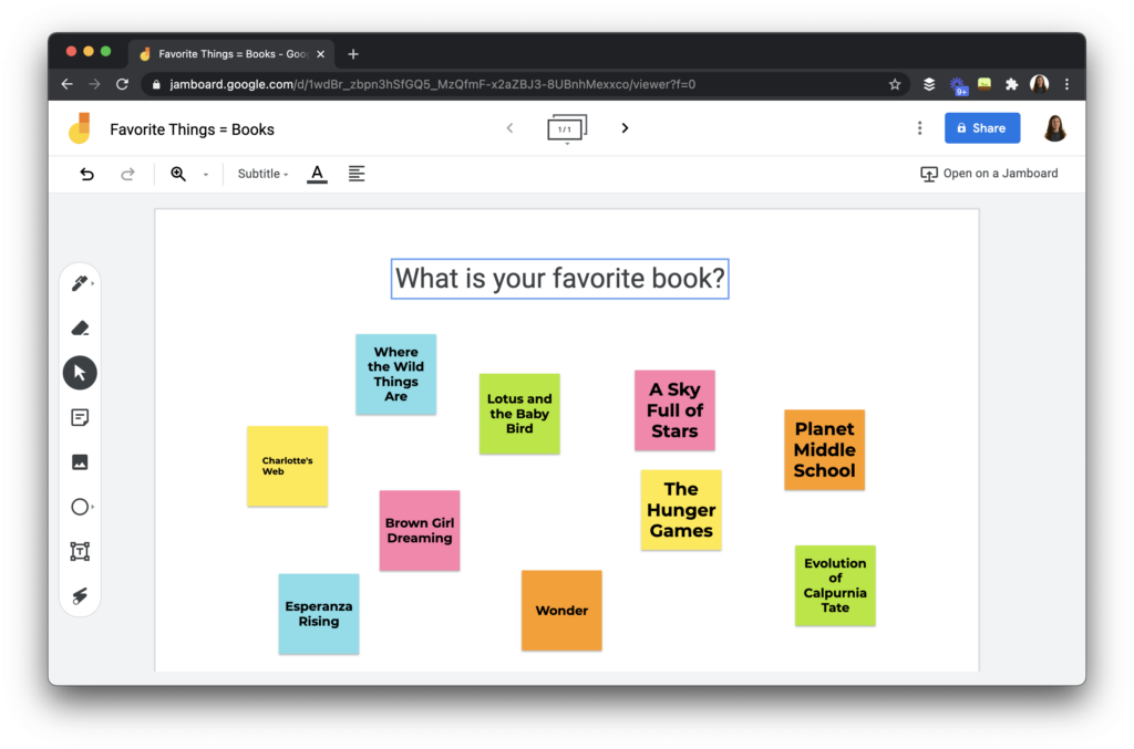 A favorite things activity for students featuring Jamoboard.