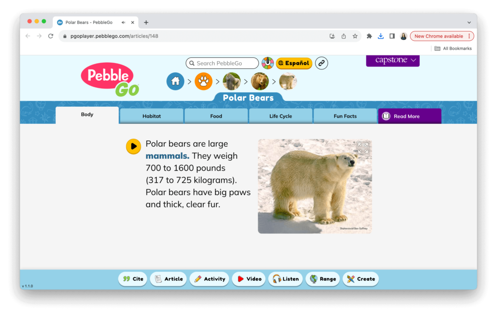 Image of the reading platform showing a detailed passage on polar bears, aimed at engaging young learners in wildlife study during winter break.