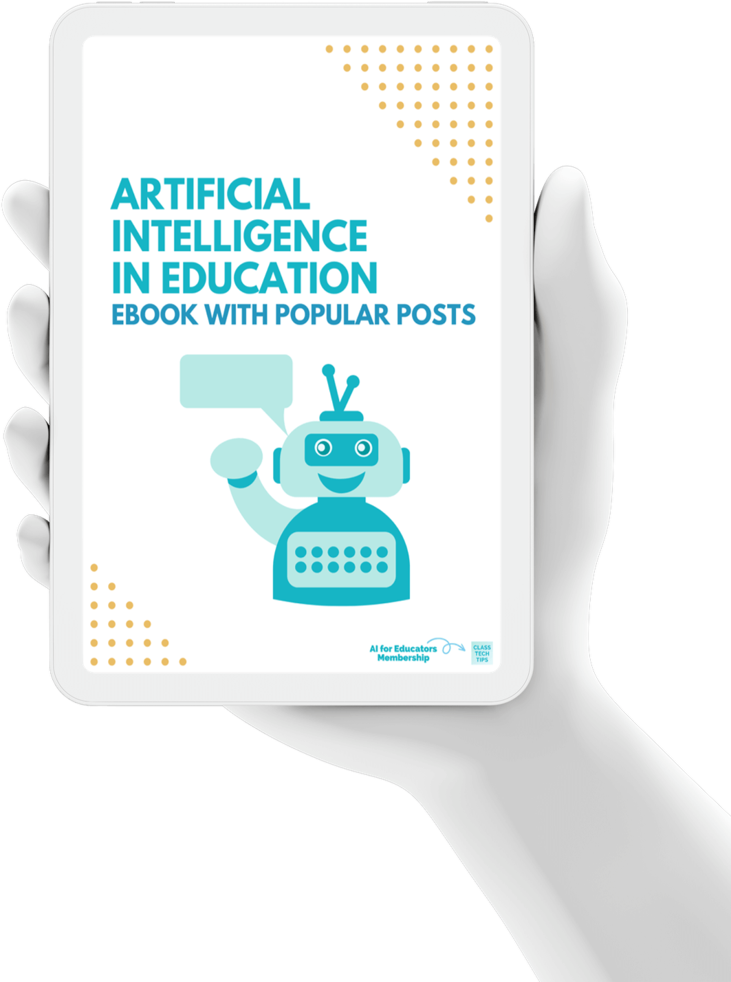 Robot holding an iPad displaying an ebook cover on artificial intelligence, showcasing the integration of technology and AI in education.