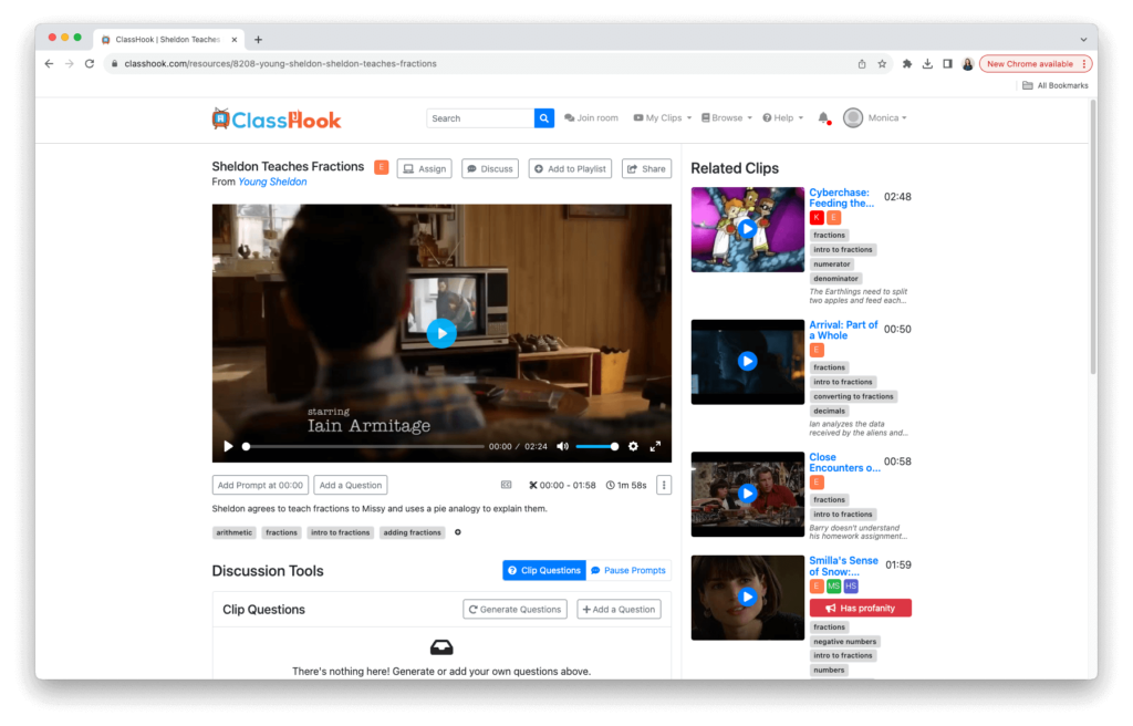 Image showing a display of ClassHook's video search results, offering a variety of clips for educators to use in sparking student discussions.