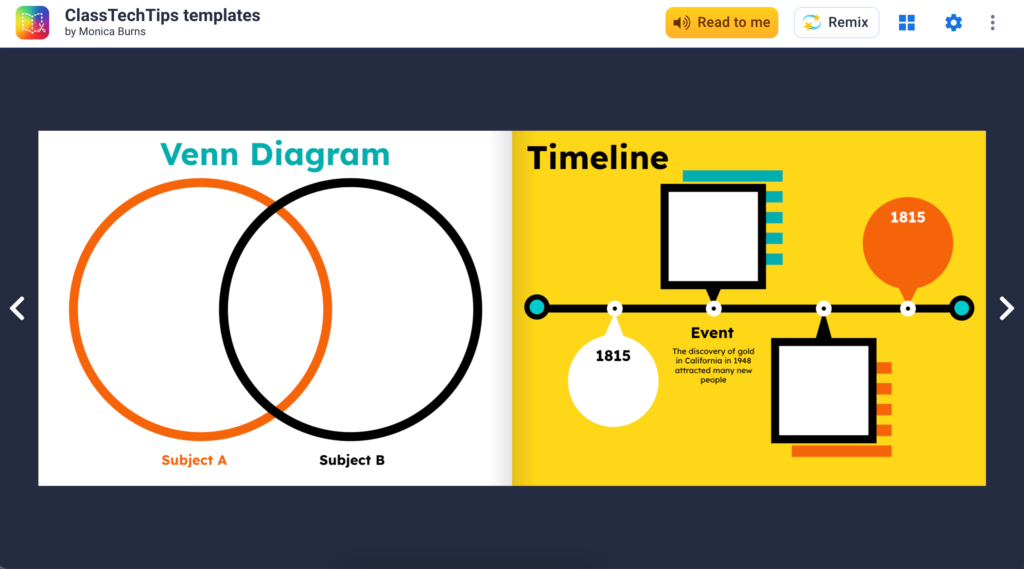 Screenshot highlighting an array of thoughtfully-designed graphic organizers in Book Creator, aimed at aiding educators in lesson planning.