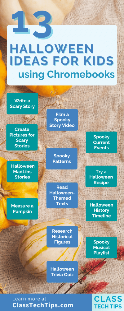 Infographic displaying 13 Halloween activity ideas designed for kids using Chromebooks, from storytelling to recipes.