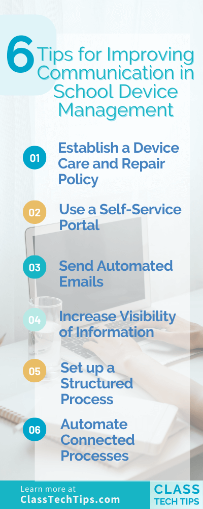 Infographic outlining various tips for enhancing communication in school device management, featuring key strategies and best practices.