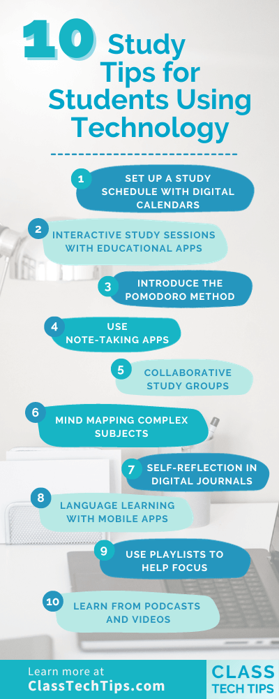Infographic detailing "10 Study Tips for Students Using Technology," visually presenting various tech-based strategies to enhance learning and studying efficiency.