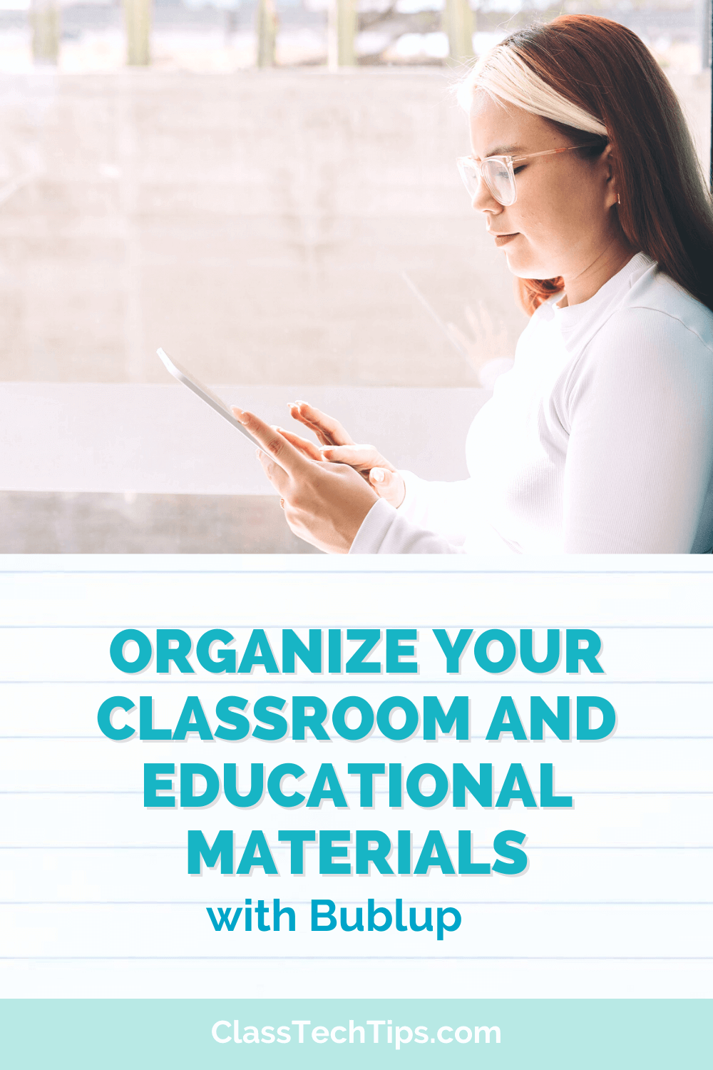 Featured image of a teacher holding a tablet, highlighting the topic of organizing educational materials and classroom spaces for teachers.