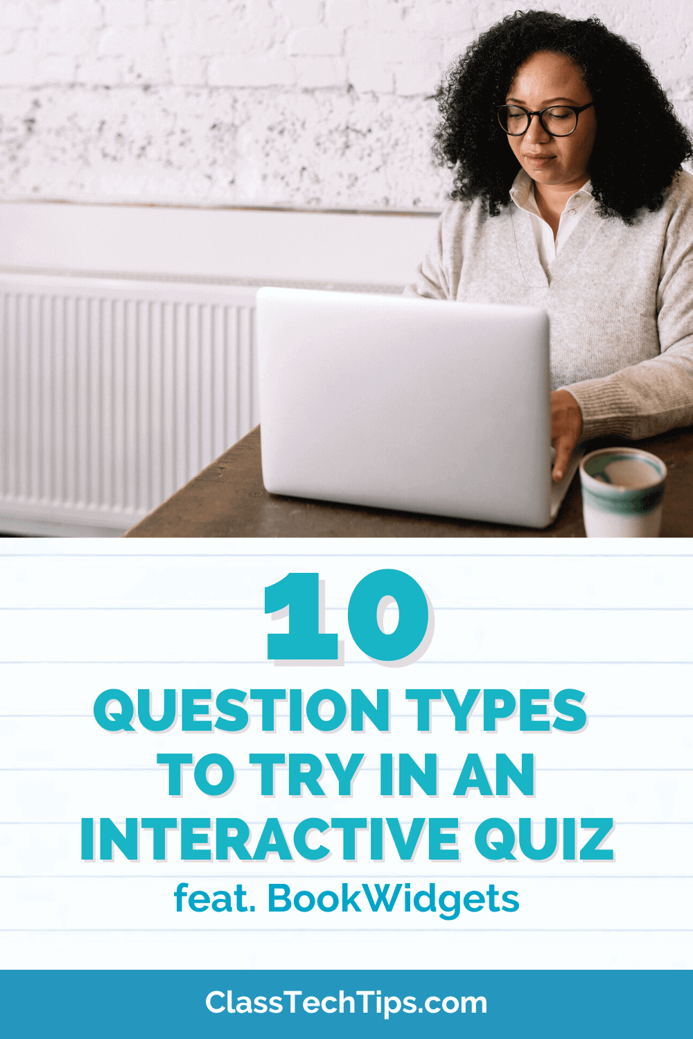 Enthusiastic woman sitting at a desk, exploring quiz question types on her laptop for creating engaging interactive quizzes.