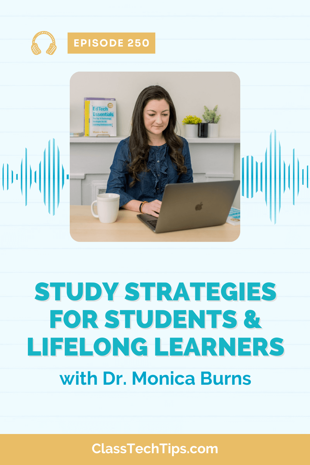 A focused podcast host at her desk, showcasing digital tools and study aids, representing strategies for student and lifelong learning success.