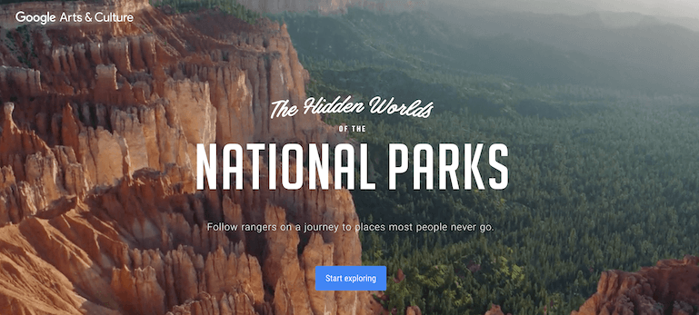 Screenshot of Google Arts & Culture website featuring interactive multimedia tours of lesser-known U.S. National Parks for virtual exploration.