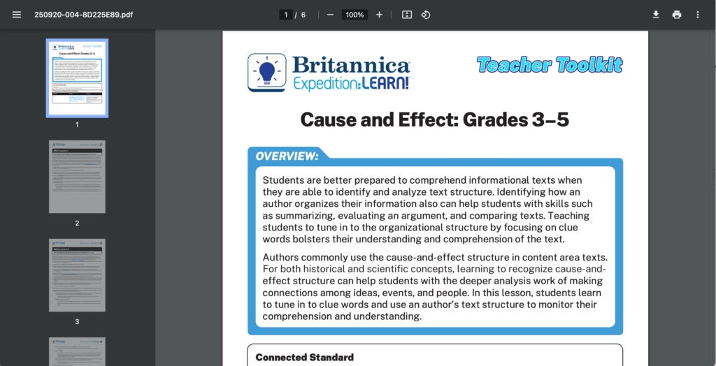 View of Britannica Expedition: Learn's teacher toolkit on cause and effect.
