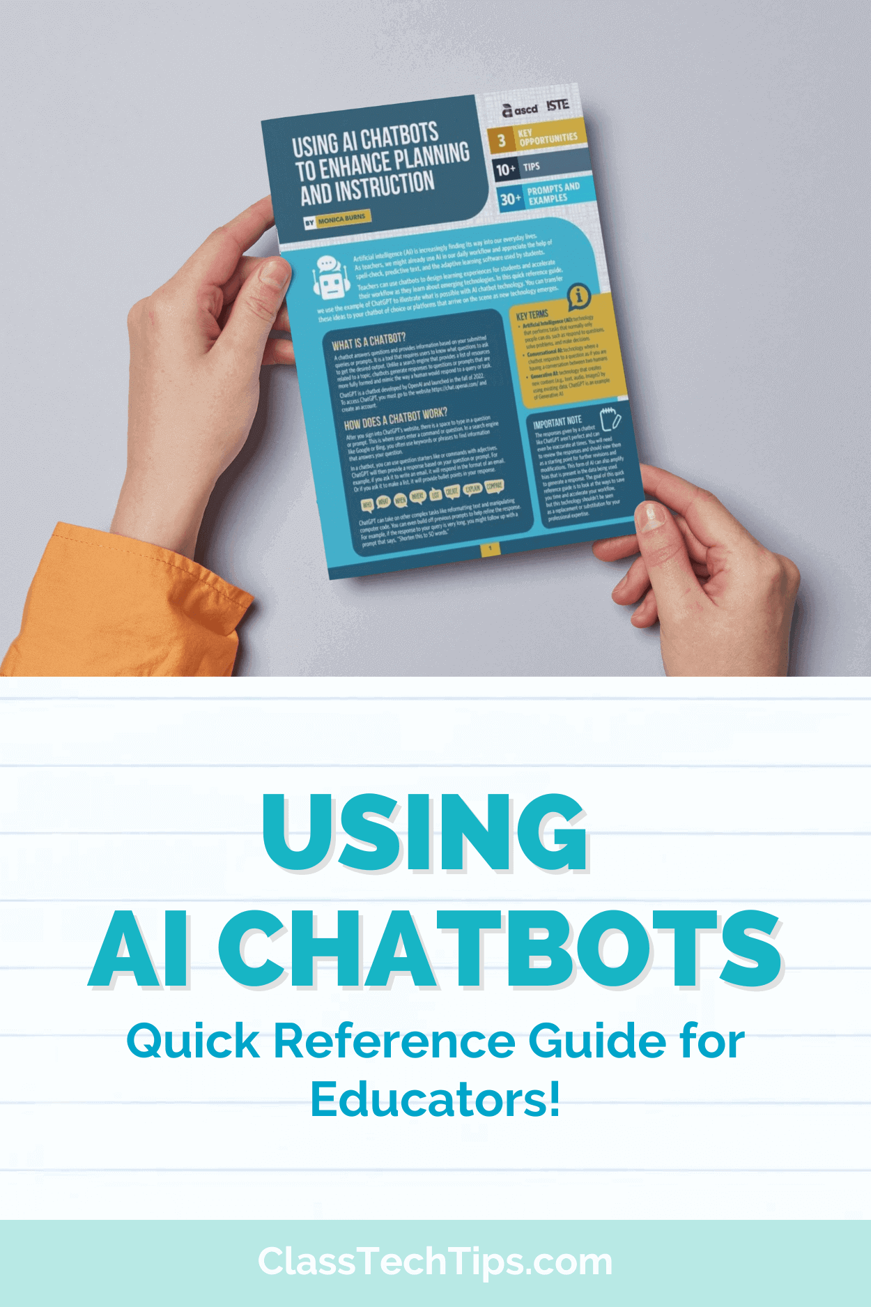 The featured image displays an individual holding Monica Burns' latest quick reference guide on utilizing AI chatbots for improved planning and instruction, symbolizing the integration of advanced technology into educational practices.