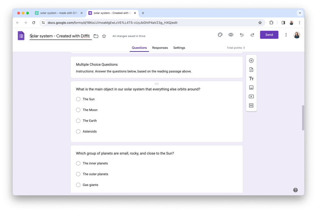 Screenshot illustrating Diffit's process of creating engaging quizzes for students using Google Forms, highlighting ease and functionality.