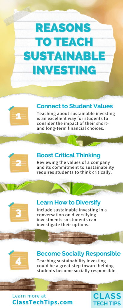 Infographic depicting the benefits of teaching sustainable investing to students. The infographic includes information, and images that showcase the positive impact of sustainable investing on both the environment and financial gains.